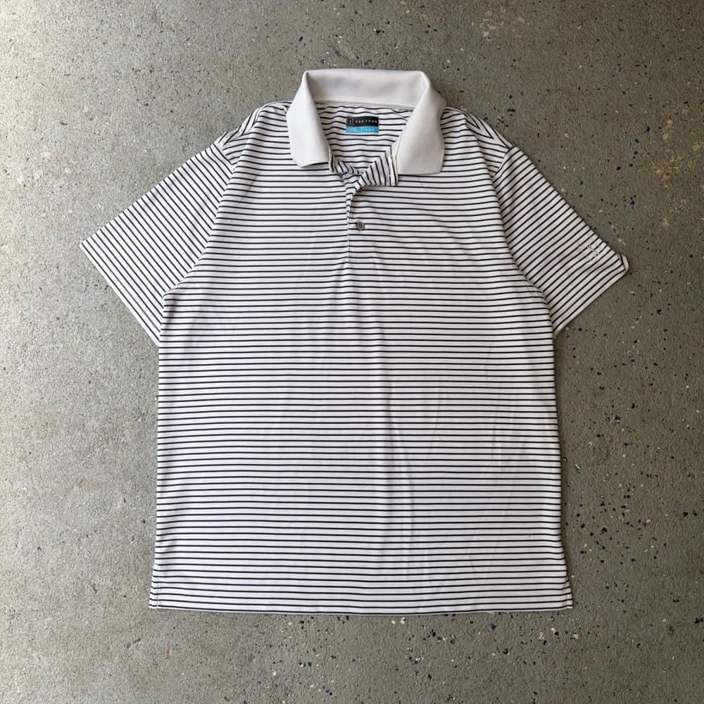PGA Tour Mens Large White Black Striped Short Sleeve Golf Polo Shirt